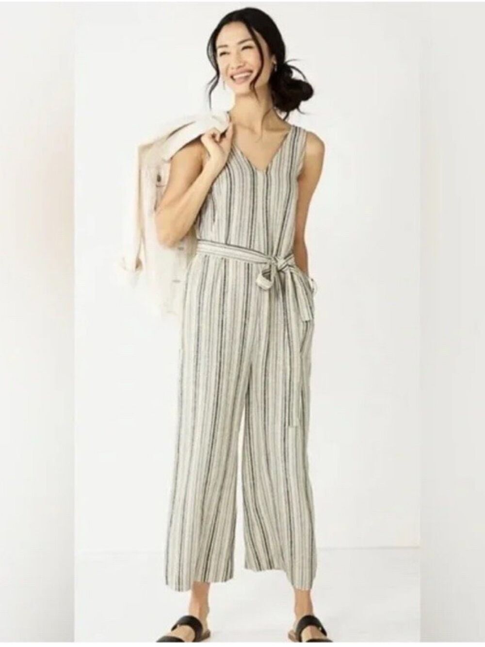 Sonoma Linen Blend Off White Blue Striped 4 Pocket Jumper Size M